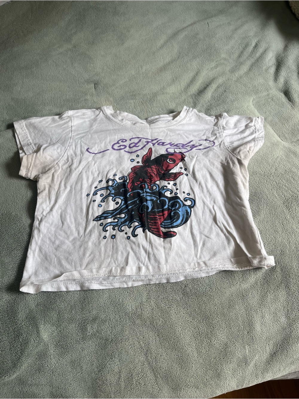 Ed Hardy White Fish Graphic Baby Tee Size XL